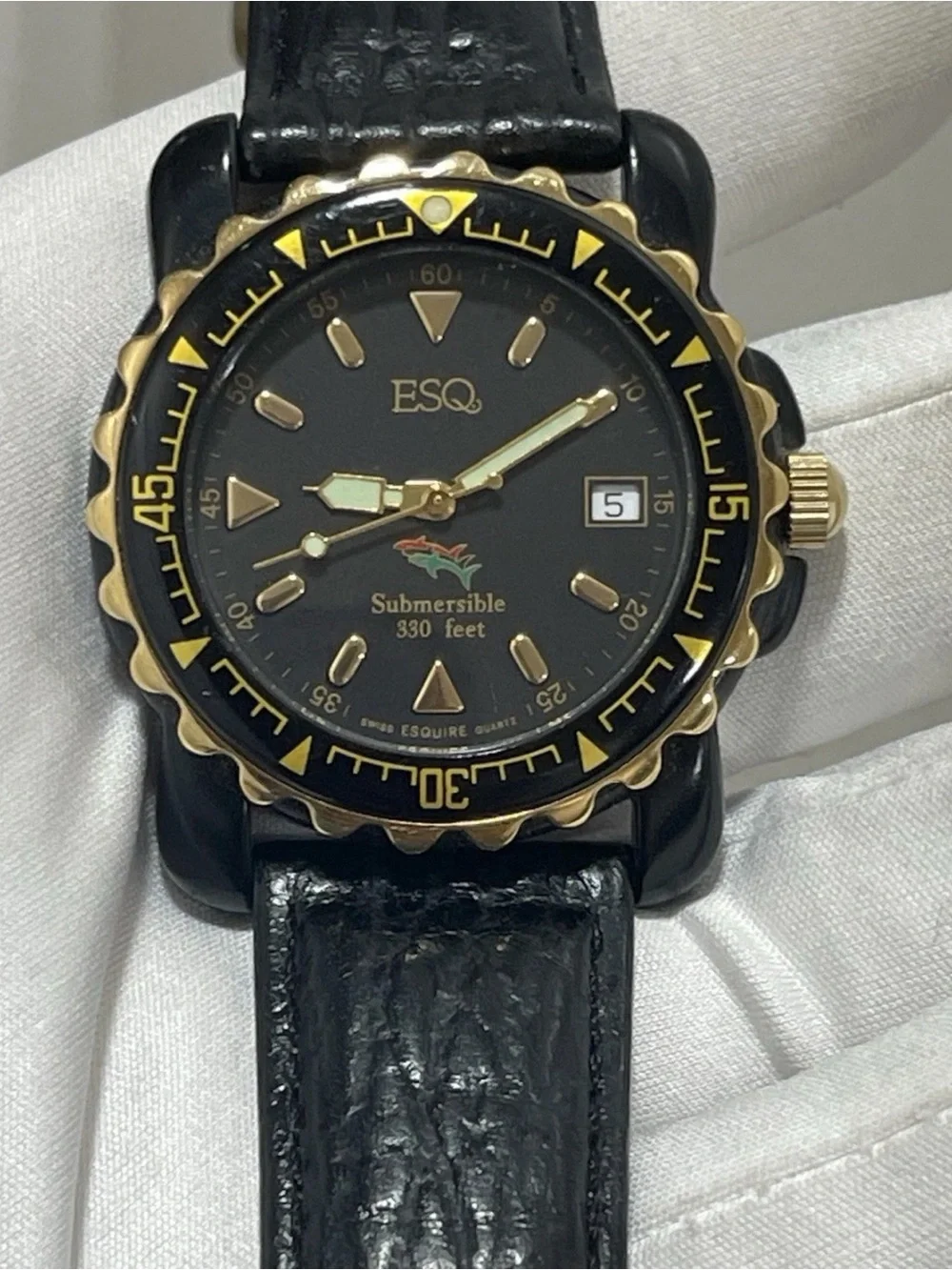ESQ Movado Submersible Black Dial Gold Tone 330ft Diver 40mm Men’s Quartz